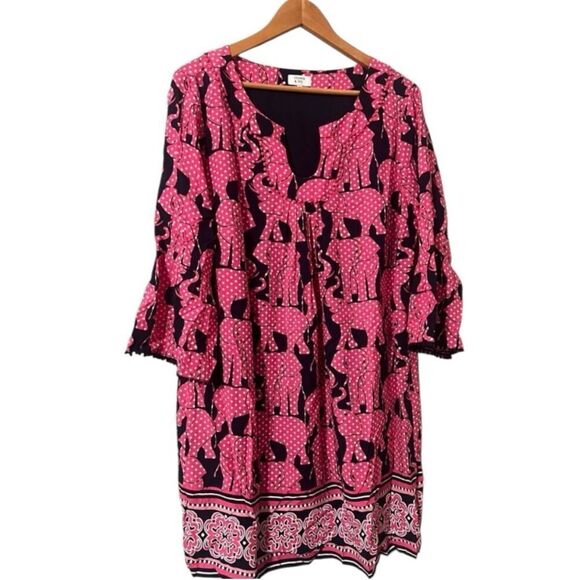 Crown & Ivy Women's 16 Half Sleeve Shift Dress Pink Polka Dot Elephant Print - Picture 1 of 10